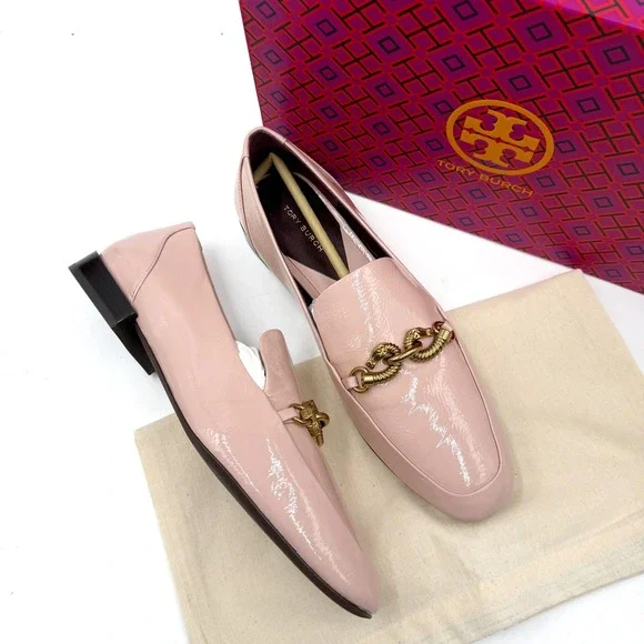Tory Burch Jessa Loafer Pink Brick Patent Leather Gold Horsehead Womens 8.5 - Picture 1 of 11